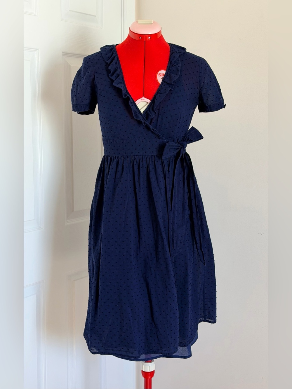 J.Crew Point Sur Swiss Dot Wrap Dress Navy Ruffle Cotton XS S Midi